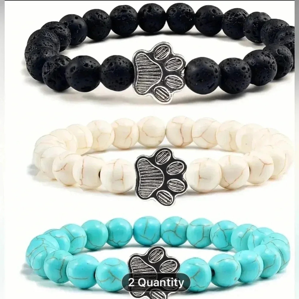 Dog Paw Beaded Bracelet Set Black Teal White